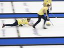 Sweden, Niklas Eden, skipped stones in a gold match against Canada at the World Men's World Championships at IWC Square in Shafhausen, Switzerland, on Sunday, April 7, 2024.