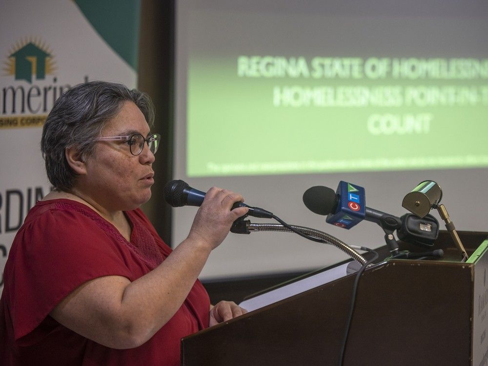 Lisa Workman from the Namerind Housing Corporation presents the results of a point-in-time homelessness count on Dec. 18, 2024 in Regina. Lisa Workman from the Namerind Housing Corporation presents the results of a point-in-time homelessness count on Dec. 18, 2024 in Regina.
