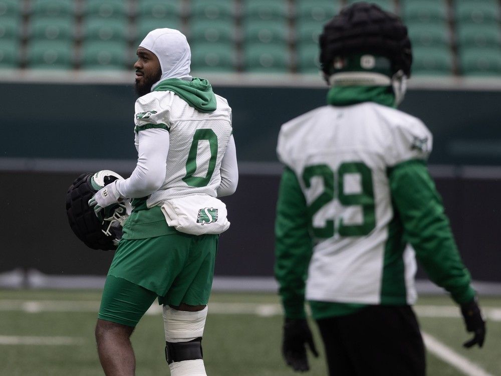 Saskatchewan Roughriders defensive back Rolan Milligan (0) runs a drill during practice at Mosaic Stadium on Tuesday, November 4, 2025 in Regina.