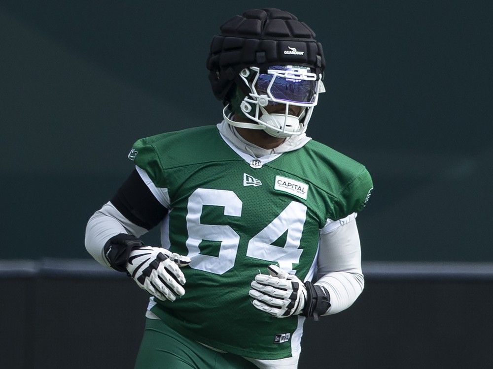Offensive lineman Trevon Tate has been practising with the Roughriders this week after undergoing pectoral surgery earlier in the season.
