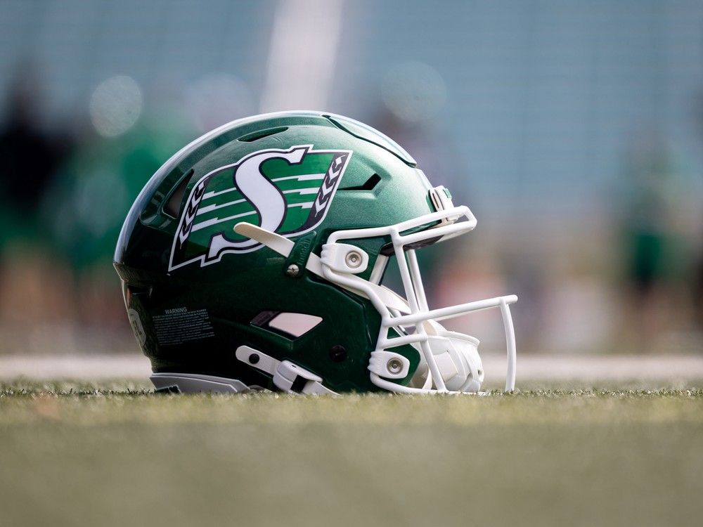 A helmet on the field during Saskatchewan Roughriders training camp at Griffiths Stadium.