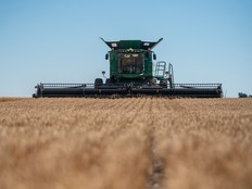 Combine harvests a field of wheat