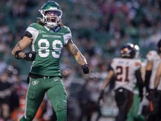 Kian Schaffer-Baker celebrates after a completed catch during CFL regular season action at Mosaic Stadium on Saturday, October 25, 2025 in Regina.