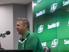 Saskatchewan Roughriders general manager Jeremy O'Day speaks during a press conference at Mosaic Stadium on Nov. 25, 2025 in Regina.