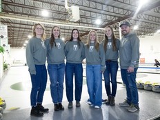 Team Campbell Skip Jolene Campbell, third Robyn Silvernagle, second Rachel Big Eagle, lead Dayna Demmans, alternate Callan Hamon and coach Ben Gamble stands for a portrait during a sendoff party at Highland Curling Club for Team Campbell before they head off to represent Saskatchewan at the 2026 Scotties Tournament of Hearts on Tuesday, January 20, 2026 in Regina.