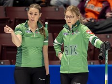 Team Saskatchewan skip Jolene Campbell (right) and third Robyn Silvernagle discuss a shot during Scotties Tournament of Hearts curling action in Mississauga, Ont., on Jan. 25, 2026.