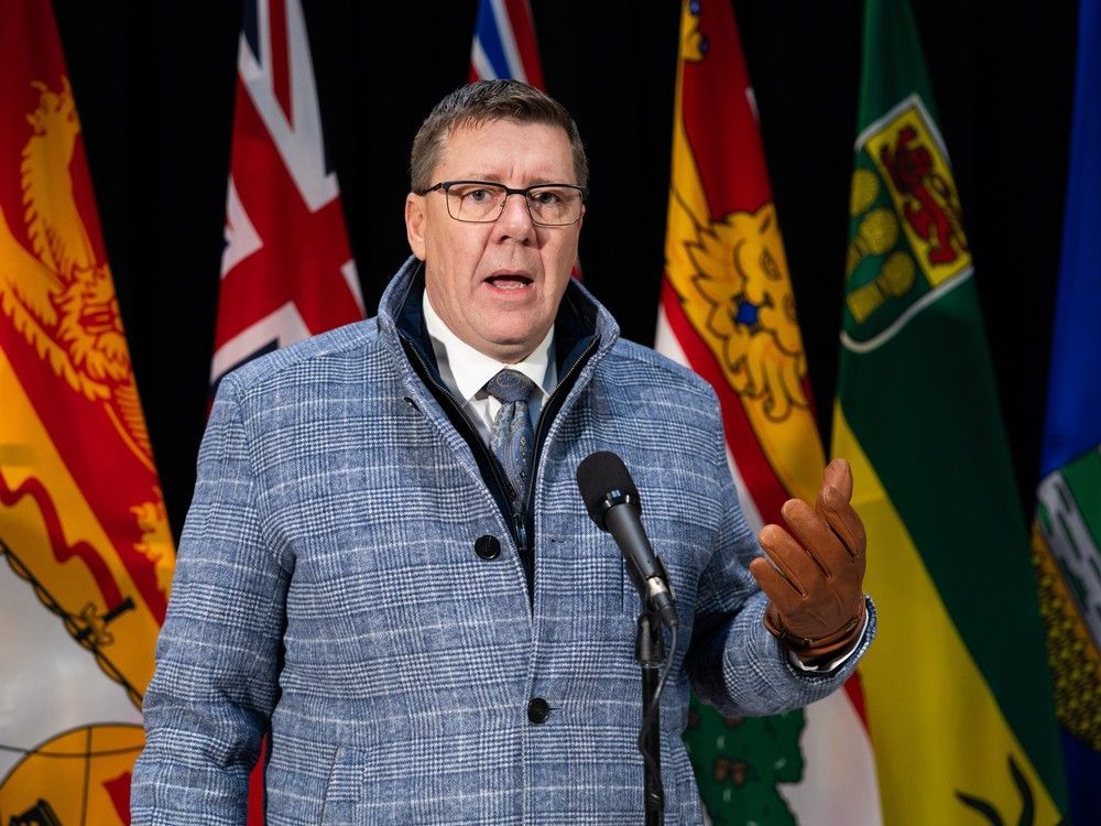 Saskatchewan's Premier Scott Moe speaks to media before a First Ministers Meeting in Ottawa on Jan. 29.