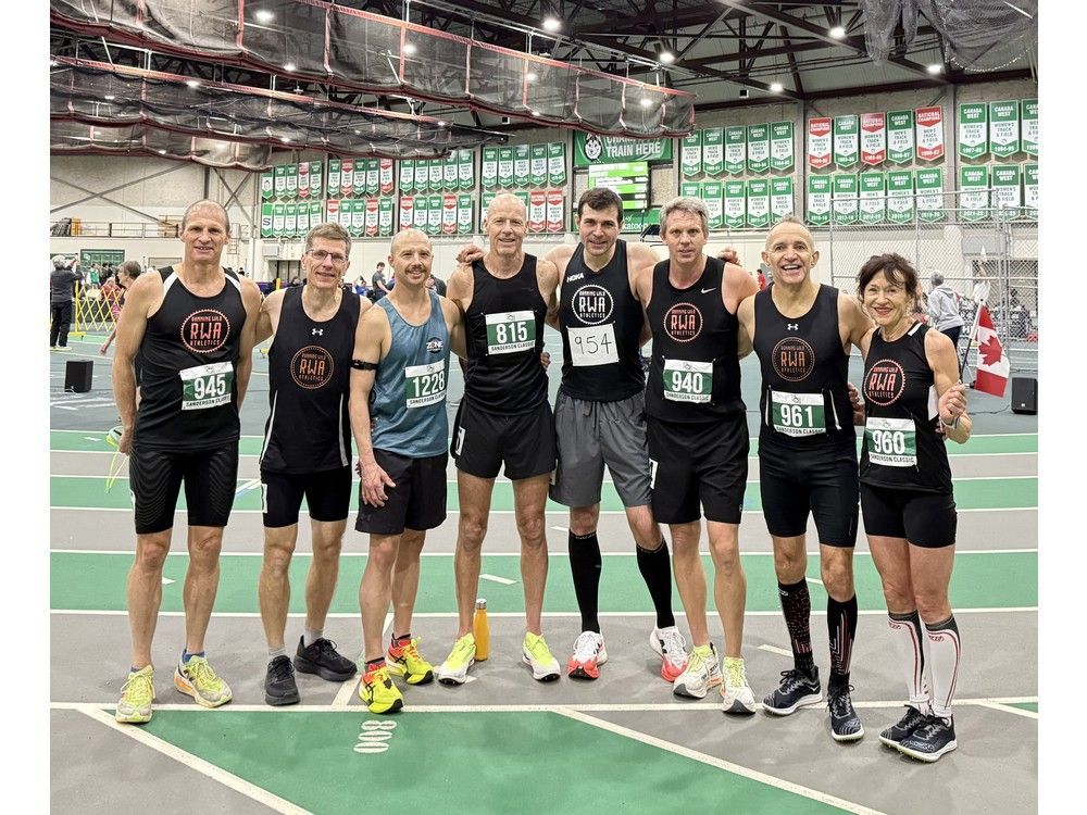 Lynne Wawryk-Epp (far right) and her team from Running Wild Athletics Club at the 2026 Sanderson Classic, where Wawryk-Epp set the national record for the mile in the women's 70-74 age category at the Saskatoon Fieldhouse on Jan. 10.