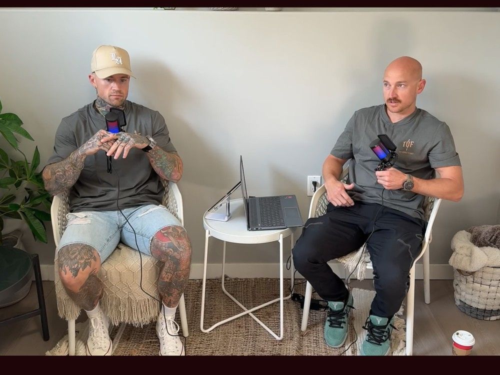 Former Saskatoon Police Service officers Dylan Kemp, left with Jason Garland on an episode of their podcast The Quiet Fight which is hosted on YouTube.