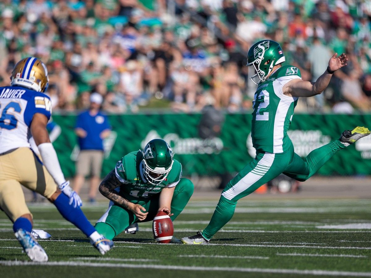 Saskatchewan Roughriders kicker Jonathan Kim (72) kicks a field goal during the first half of CFL preseason football action against the Winnipeg Blue Bombers at Griffiths Stadium in Saskatoon, Sask.,, on Saturday, May 23, 2026.