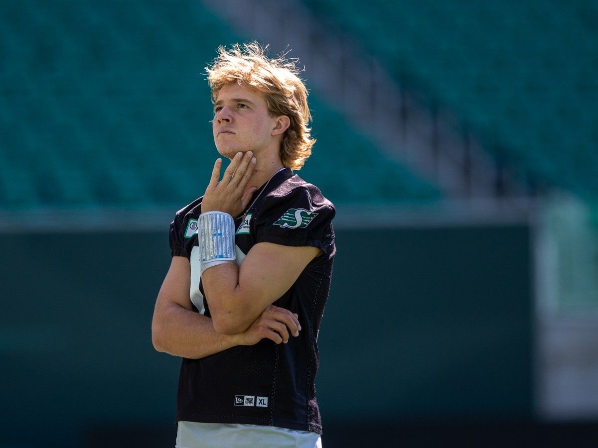 Saskatchewan Roughriders quarterback Brayden Schager (10) looks on during training camp at Mosaic Stadium in Regina, on Monday, May 25, 2026.