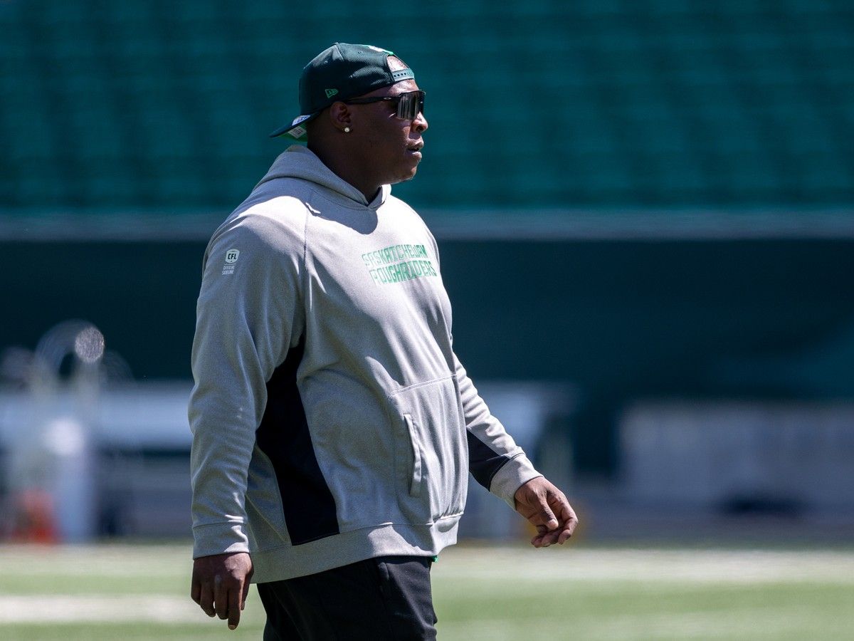Saskatchewan Roughriders defensive line coach Micah Johnson looks on during training camp at Mosaic Stadium in Regina, on Monday, May 25, 2026.