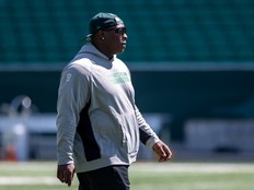 Saskatchewan Roughriders defensive line coach Micah Johnson looks on during training camp at Mosaic Stadium in Regina, on Monday, May 25, 2026.