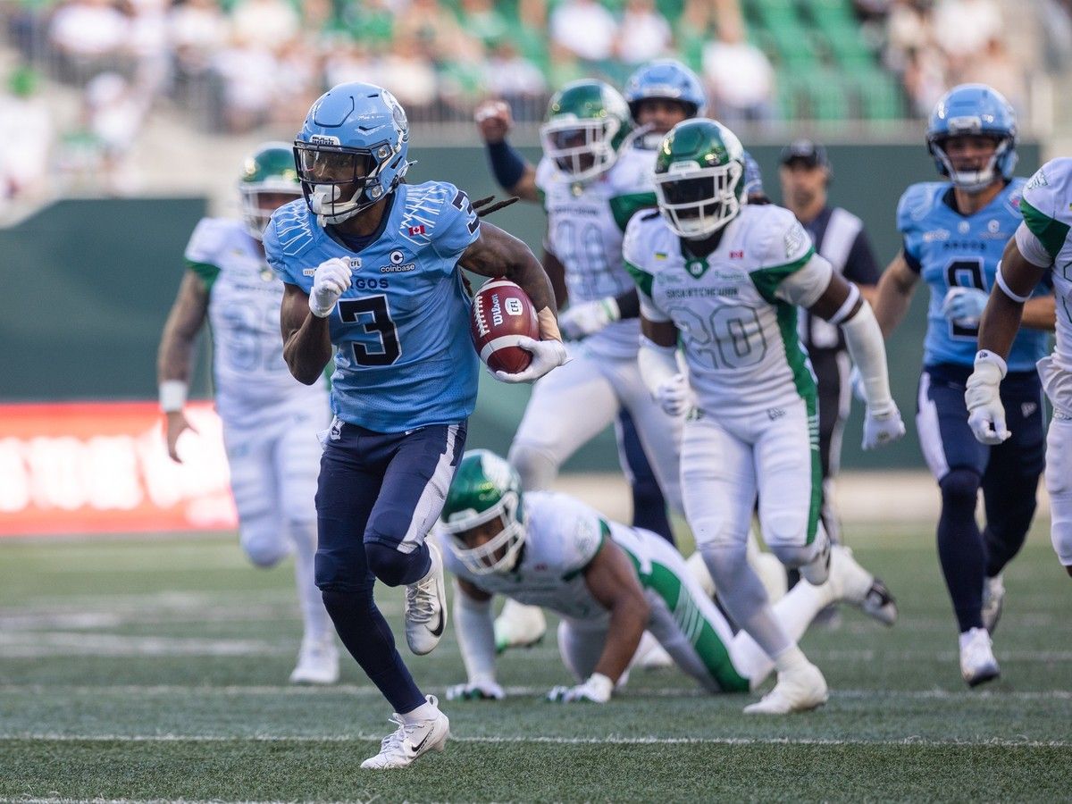 Toronto Argonauts receiver Janarion Grant (3) runs the football against the Saskatchewan Roughriders during the first half of CFL football action at Mosaic Stadium in Regina, on Friday, June 26, 2026.