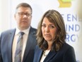 Alberta Premier Danielle Smith and Saskatchewan Premier Scott Moe take part in a joint press conference following a talk hosted by Enserva in Calgary on Monday, June 16, 2025.