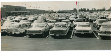 Parking lot of Woolco store at Argyle Mall at Dundas Street and Clarke Sideroad, 1966. (London Free Press files)