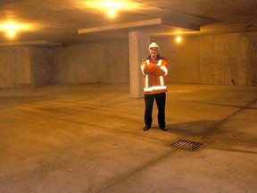 The Boardwalk condo project in downtown Chatham, Ont. has weathered the flooding on the Thames River well. Site supervisor Brian Chute is pictured in the underground parking on Sunday February 25, 2018, which stay dry despite the nearby Thames River rising to 5.25 metres. (Ellwood Shreve/Chatham Daily News/Postmedia Network)