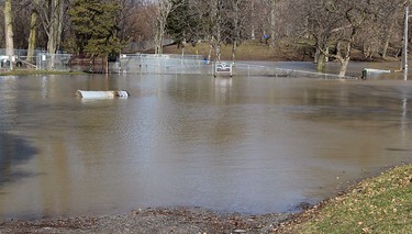 The flooding along the Thames River over the weekend has left the Dog Off-Leash Area in John Waddell Park submerged. Photo taken in Chatham, Ont. on Sunday February 25, 2018. Ellwood Shreve/Chatham Daily News/Postmedia Network