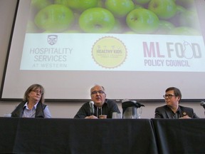Debra Eastabrook of Mission Services London, Doug Whitelaw of London Food Coalition and Mike Bloxam of London Food Bank were panelists at the Beyond Waste: Food Recovery and Redistribution Forum at Western University Thursday.  (DEREK RUTTAN, The London Free Press)