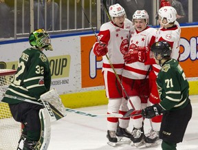 Zack Trott is swarmed by Sault Ste. Marie Greyhounds teammates Brett Jacklin, left, and Joe Carroll after scoring on London Knights goaltender Joseph Raaymakers as Knights centre Dalton Duhart looks on in the third period of their OHL game Sunday. (DEREK RUTTAN, The London Free Press)