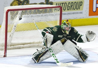 London Knights  goalie Joseph Raaymakers was completely frozen by a shot from  Sault Ste. Marie Greyhounds forward Taylor Raddysh during the third period of their OHL hockey game in London, Ont. on Sunday February 25, 2018. The shot that ended up behind Raaymakers gave the Greyhounds a 5-2 lead. Derek Ruttan/The London Free Press/Postmedia Network