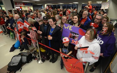 Large crowd waiting to see Scott Moir and Tessa Virtue arriving at London International Airport on Monday February 26, 2018 back from the Olympic games where they won gold in the ice dance MORRIS LAMONT/THE LONDON FREE PRESS /POSTMEDIA NETWORK