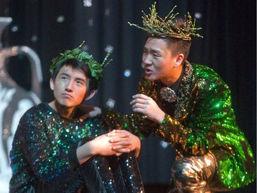 Scott Kim as Oberon tries talks to Adam Lassche as Puck in the Central Secondary School's production of Shakespeare's Midsummer Night's Dream in London, Ont. on Tuesday February 27, 2018.  Mike Hensen/The London Free Press/Postmedia Network