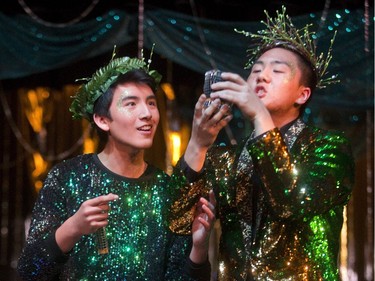 Adam Lassche as Puck and Scott Kim as Oberon consider their ingredients for a love potion in Central Secondary School's production of Shakespeare's Midsummer Night's Dream in London, Ont. on Tuesday February 27, 2018.  Mike Hensen/The London Free Press/Postmedia Network