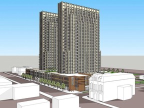 Artist representations depict a twin-tower development proposed for 809 Dundas St., east of Rectory Street. The 24-storey towers will include 480 residential units and sit along a proposed bus rapid transit line. (Supplied)