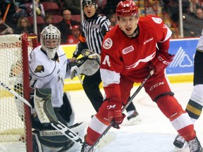 Sault Ste. Marie Greyhounds winger Taylor Raddysh and London Knights goaltender Jordan Kooy follow the play during OHL action at the Essar Centre in Sault Ste. Marie. (JEFFREY OUGLER/SAULT STAR)