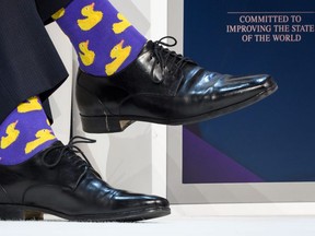 Canadian Prime Minister Justin Trudeau's socks are seen during a session at the Economic Forum (WEF) annual meeting on January 25, 2018 in Davos, eastern Switzerland. FABRICE COFFRINI/AFP/Getty Images