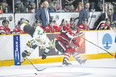 London Knights forward Nathan Dunkley collides with Ottawa 67’s defenceman Merrick Rippon in Ontario Hockey League action Sunday in Ottawa. (Special to Postmedia News)