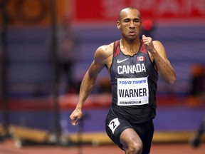 Canada's Damian Warner participates in the 60 meter mens heptathlon event at the World Athletics Indoor Championships in Birmingham, Britain, Friday, March 2, 2018. (AP Photo/Alastair Grant)