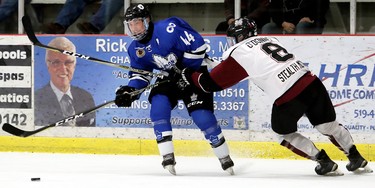 London Nationals' Brenden Trottier (44) is hit by Chatham Maroons' Jake O'Donnell (8) in the first period of Game 3 in their GOJHL Western Conference semifinal at Chatham Memorial Arena in Chatham, Ont., on Sunday, March 18, 2018. Mark Malone/Chatham Daily News/Postmedia Network