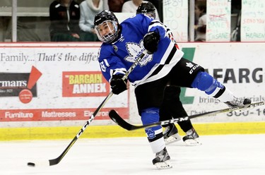 London Nationals' Max Vinogradov (61) takes a shot against the Chatham Maroons during the first period of Game 6 in their  Western Conference semifinal in the Greater Ontario Junior Hockey League at Chatham Memorial Arena in Chatham, Ont., on Thursday, March 22. Mark Malone/Postmedia Network