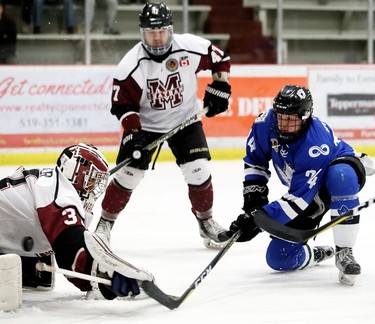 London Nationals' Colin Wilson (24) pokes the puck past Chatham Maroons netminder Ryan Wagner for a goal as Dawson Garcia (47) watches during the first period of Game 6 in their  Western Conference semifinal in the Greater Ontario Junior Hockey League at Chatham Memorial Arena on Thursday, March 22. 
Mark Malone/Postmedia Network