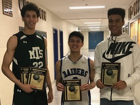 Aaron Tennent, left, from Mother Teresa secondary school, Tyrease Phouttharath and Freedom Maloney, both of H.B. Beal  secondary school, were winners of the top awards in boys' basketball for their respective school boards.