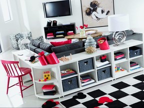 Ethan Allen Inc.’s Disney hub modular storage unit provides colourful order to a playroom- family room combo.