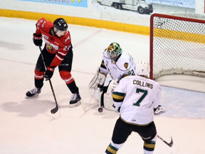 The London Knights dropped Game 2 in heartbreaking fashion to the Owen Sound Attack in Owen Sound Saturday night. (Greg Cowan/Postmedia)