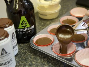 La Noisette owner Tabitha Switzer makes beer-flavoured chocolate cupcakes using Anderson ale at her Oxford Street bakery. “There’s so many pairing opportunities (with beer and baked items),” says Switzer. (Mike Hensen/The London Free Press)