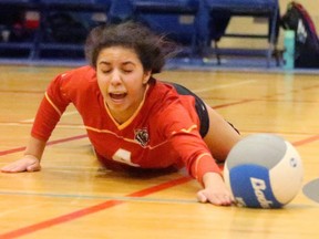 Kiana Higgins of Saunders dives unsuccessfully for a tip during the OFSAA AAA girls volleyball consolation quarterfinal against Ottawa Glebe on Tuesday. The Sabres lost 3-1.  (Mike Hensen/The London Free Press)