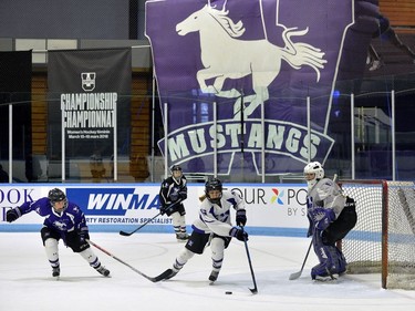 Western Mustangs forward Evra Levesque clears a rebound in front of goaltender Carmen Lasis during practice at Thompson Arena in preparations for the national championships on Tuesday. MORRIS LAMONT/THE LONDON FREE PRESS