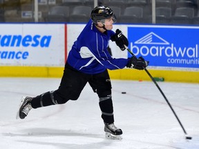 London Knights forward Cole Tymkin during practice at Budweiser Gardens on Wednesday. (MORRIS LAMONT/THE LONDON FREE PRESS)