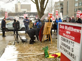 A small Save Cardiac Fitness Institute protest was held on Thursday March 15, 2018 in front of the constituency office of London MPP Deb Matthews.