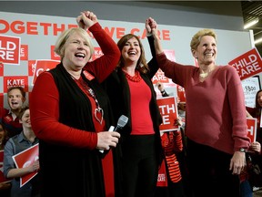 Outgoing MPP Deb Matthews, Liberal London North Centre candidate Kate Graham, and Premier Kathleen Wynne rally supporters at Graham's election headquarters in London on March 16, 2018. MORRIS LAMONT/THE LONDON FREE PRESS