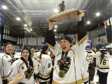 Manitoba Bisons Natasha Kostenko  celebrates after winning the Women's Hockey National Championship 2-0 over Western at Western University's Thompson Arena on Sunday. MORRIS LAMONT/THE LONDON FREE PRESS /POSTMEDIA NETWORK