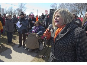 Ontario NDP leader Andrea Horwath speaks to more than 100 people demonstrating against the closure of the London Cardiac Fitness Institute at Victoria Hospital in London on Tuesday. Derek Ruttan/The London Free Press/Postmedia Network