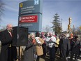 Ontario NDP leader Andrea Horwath speaks to more than 100 people demonstrating against the closure of the London Cardiac Fitness Institute at Victoria Hospital in London, Ont. on Tuesday March 20, 2018. (Derek Ruttan/The London Free Press)