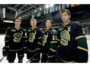 Alex Formenton, Shane Collins, Tyler Rollo, and Evan Bouchard, l-r, before practice at Budweiser Gardens in London, Ontario on Tuesday March 20, 2018. MORRIS LAMONT/THE LONDON FREE PRESS