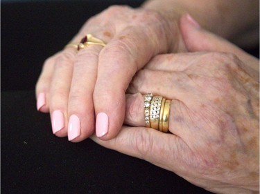 Nancy Chwiecko, 84, wears inexpensive replacement rings Thursday, March 22 bought for her by her daughter, Barb Leslie, to replace the wedding band and anniversary rings stolen off her finger  in the parking lot outside the hair salon in London Tuesday, March 20. 
Mike Hensen/The London Free Press/Postmedia Network